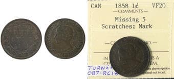 1858 1¢ ICCS Very Fine-20 "Missing 5 - Turner OB7-RC18" Minor scrtaches. The variety remains scarce and is not...