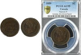1859 1¢ "Narrow 9" PCGS Choice About Uncirculated-55 - Rotated Die;PC59-212;65a+P4a. Rarity 5. Estimate: 1300 - AND...