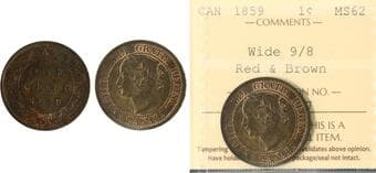 1859 1¢ "Wide 9/8" ICCS Choice Mint State-62RB Estimate: 700 - AND UP CAD