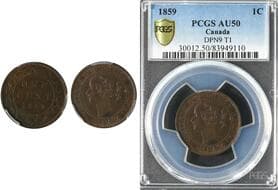 1859 1¢ "DP N9 T1" PCGS About Uncirculated-50 - PC59-66;26+F2a. Rarity 4. Estimate: 1000 - AND UP CAD