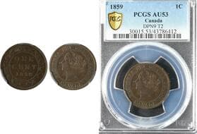 1859 1¢ "DP N9 T2" PCGS Choice About Uncirculated-53 - PC59-5;Good-4+E3a. Rarity 2. Estimate: 400 - AND UP CAD