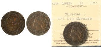 1882H 1¢ "Obverse 1; Dbl Die Obverse" - ICCS Choice Extra Fine-45. Another highly sought-after Victorian-era Canadian...