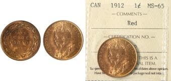 1912 1¢ ICCS Gem Mint State-65 Red - 90% lustre Estimate: 400 - AND UP CAD