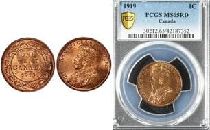 1919 1¢ PCGS Gem Mint State-65 Red - 95% Red lustre. Estimate: 325 - AND UP CAD
