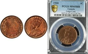 1920 1¢ "Large" PCGS Gem Mint State-65 - 85% Red lustre. Estimate: 1000 - AND UP CAD