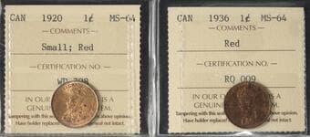 1920 1¢ "Small" & 1936 both ICCS Choice Mint State-64RD. Lot of 2 beautiful coins. Estimate: 750 - AND UP CAD