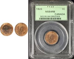1926 1¢ PCGS Choice Mint State-64RB A nice and attractive semi-key date. Estimate: 2000 - AND UP CAD