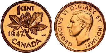 1947 1¢ "Maple Leaf" PCGS SP64Red - 100% Red lustre with superb reflective surfaces. Estimate: 200 - AND UP CAD