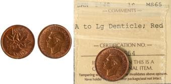 1948 1¢ "A to Large Denticle" ICCS Gem Mint State-65 Red. Estimate: 400 - AND UP CAD
