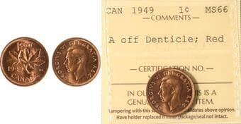 1949 1¢ ICCS " A off Denticle" Superb Gem Mint State-66 - Blazing Red example. Estimate: 300 - AND UP CAD