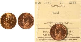 1952 1¢ ICCS Superb Gem Mint State-66 Full Blazing Red. Estimate: 600 - AND UP CAD