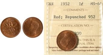 1952 1¢ " Repunched 952" ICCS Choice Mint State-64 Red. Very popular variety. Estimate: 100 - AND UP CAD