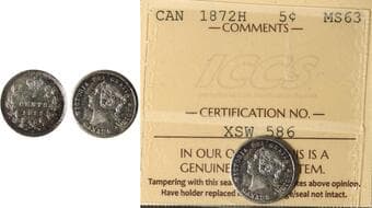 1872H 5¢ ICCS Choice Mint State-63. A nice example of this Victoria piece, displaying light yet attractive...