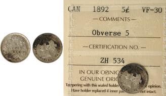 1892 5¢ "Obverse 5" ICCS Choice Very Fine-30 - The sole known example of this remarkable obverse variety. An...
