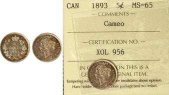 1893 5¢ ICCS Gem Mint State-65 Cameo - Brilliant proof-like fields display deep reflectivity, complemented by strong...