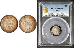 1901 5¢ PCGS Choice Mint State-64+. Attractive near-Gem example with strong luster, pleasing light golden patina, and...