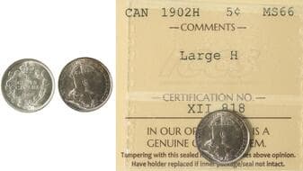 1902H 5¢ "Large H" ICCS Superb Gem Mint State-66 Estimate: 400 - AND UP CAD