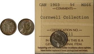 1903 5¢ ICCS Superb Gem Mint State-66. A superb Gem example displaying attractive light green, gold, and subtle...