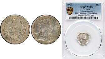 1909 5¢ "Pointed Leaves" PCGS Very Choice Mint State-64. Fully brilliant with strong original mint luster and...