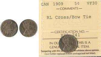 1909 5¢ "RL; Cross Bow Tie" ICCS Choice Very Fine-30. An attractive certified specimen with pleasing medium-grey...