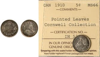 1910 5¢ "Pointed Leaves" ICCS Superb Gem Mint State-66. Exceptional eye appeal with vibrant emerald and golden toning...