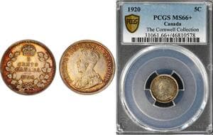 1920 5¢ PCGS Superb Gem Mint State-66+. The surfaces display vibrant, satiny brilliance accented by attractive...