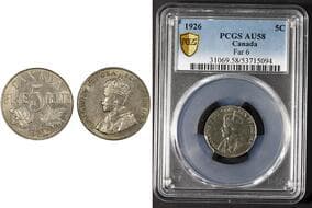 1926 5¢ "Far 6" PCGS Choice About Uncirculated-58. This popular variety is highly lustrous. Estimate: 1750 - AND UP...