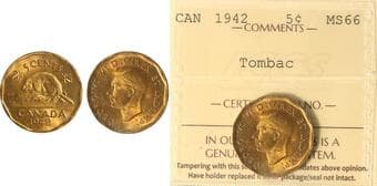 1942 5¢ "Tombac" ICCS Superb Gem Mint State-66. This piece displays excellent luster, minimal post-strike contact...