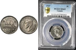 1947 5¢ PCGS Gem Mint State-65. This piece presents strong overall eye appeal for the assigned grade, with...