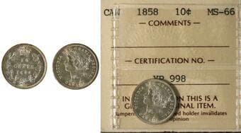1858 10¢ ICCS Superb Gem Mint State-66. First year of issue for the series. This exceptional example exhibits full...