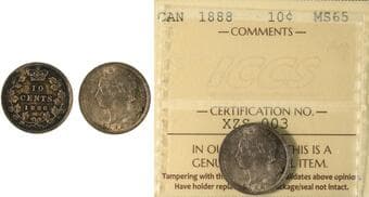 1888 10¢ ICCS Gem Mint State-65 Struck with remarkable clarity, displaying an incredible strike for the date. The...