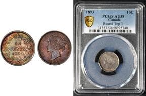 1893 10¢ "Round Top 3" PCGS Choice About Uncirculated-58. This coin is sharply and fully struck, featuring the...