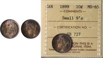 1899 10¢ Small 9's ICCS Gem Mint State-65. Appealing Gem example displaying and array of intense and varying red...