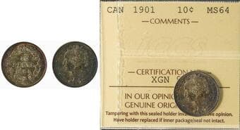 1901 10¢ ICCS Choice Mint State-64. A highly attractive coin with rich, vibrant toning with strong visual appeal. ...