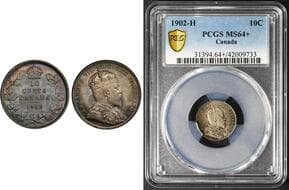 1902H 10¢ PCGS Choice Mint State-64+. The coin displays light champagne toning delicately layered across the fields,...