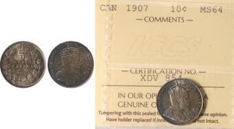1907 10¢ ICCS Choice Mint State-64. Exceptional near-Gem with full original mint lustre. Vibrant rainbow toning spans...
