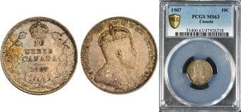 1907 10¢ PCGS Choice Mint State-63. Lightly toned. Estimate: 500 - AND UP CAD