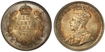 1914 10¢ PCGS Gem Mint State-65. The coin displays strong mint luster beneath attractive, original toning, featuring...