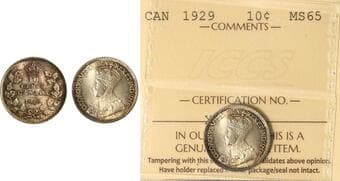 1929 10¢ ICCS Gem Mint State-65. The coin retains a predominantly brilliant luster, with only subtle and peripheral...