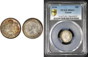 1936 10¢ PCGS Gem Mint State-65+. An exceptional and visually appealing Gem example, combining strong technical...