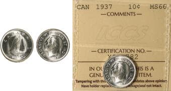 1937 10¢ ICCS Superb Gem Mint State-66. A superb example with brilliant, blast-white surfaces and outstanding...