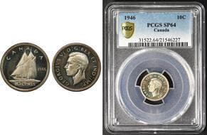 1946 10¢ PCGS SP64 - Exhibiting strong prooflike brilliance and pronounced cameo contrast. Estimate: 200 - AND UP CAD