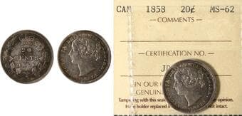 1858 20¢ ICCS Choice Mint State-62. A nice example with subtle toning adds depth and originality, suggesting stable...