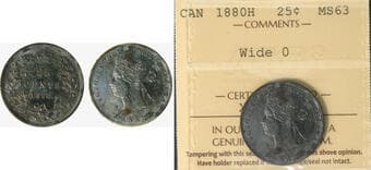 1880H 25¢ "Wide O" ICCS Choice Mint State-63. Rich gun metal toning on both sides. The "Wide O" variety is highly...