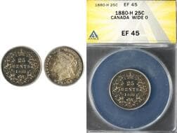 1880H 25¢ "Wide O" ANACS Choice Extra Fine-45. Surfaces retain an even, original patina, lending the piece a natural,...