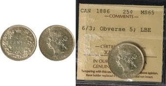 1886 25¢ "6/3; LBE ; Obverse 5" ICCS Gem Mint State-65 - Brilliant and highly lustrous example exhibiting delicate...