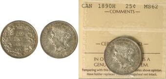 1890H 25¢ ICCS Choice Mint State-62. Attractive example with a pleasing mix of champagne and golden toning across both...