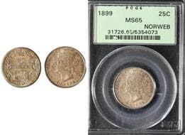 1899 25¢ PCGS/ICCS Gem Mint State-65. Gem issue displaying soft autumn tones over an intenseley detailed strike. ...