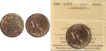 1903 25¢ ICCS Choice Mint State-62. Beautifully preserved 1903 Canadian quarter exhibiting light toning over a full...