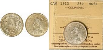 1913 25¢ ICCS Choice Mint State-64. Attractive and mostly brilliant, with full luster and a subtle light champagne...